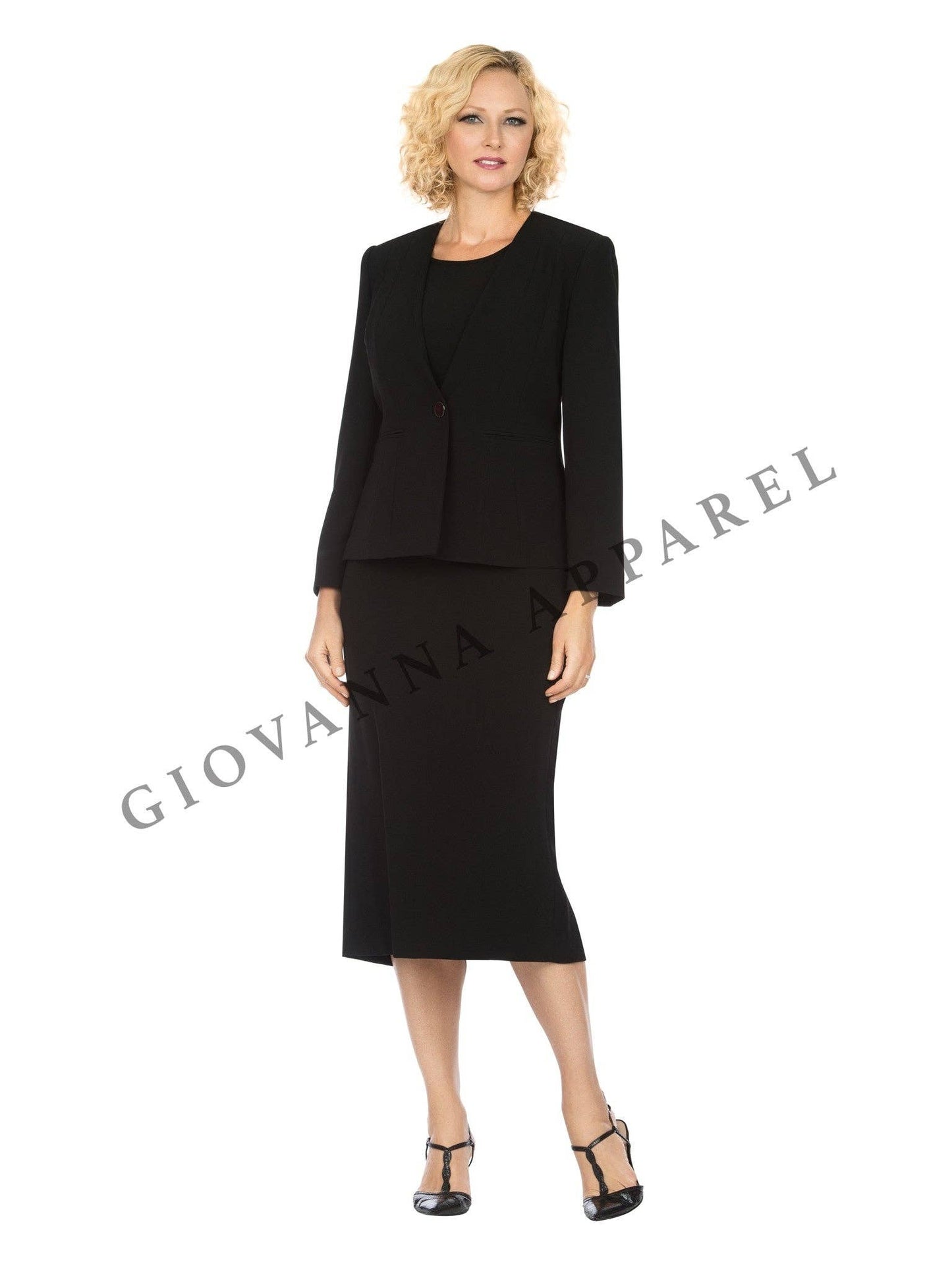 Giovanna - 3pc Collarless Clean Lines Detailed Skirt Suit: DARK NAVY / 16