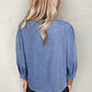 Myosotis Denim Bow Tie Pleated Puff Sleeve Top