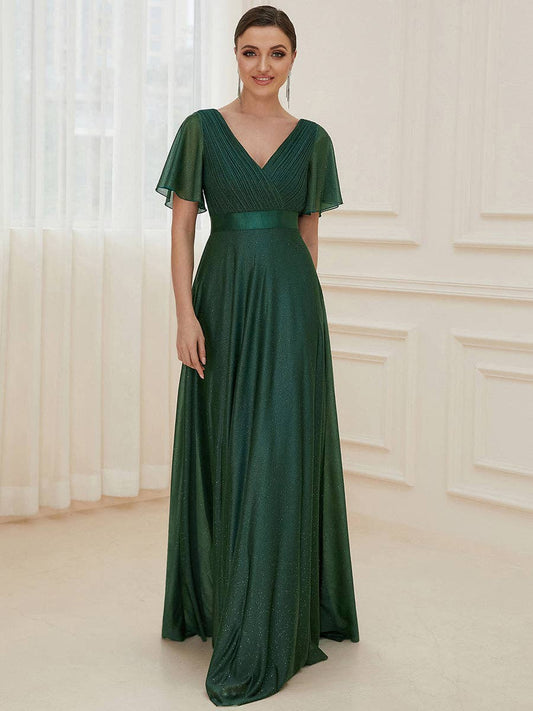 Ever-Pretty - Deep V Neck Ruffles Sleeve A Line Evening Dress: Dark Green / 24