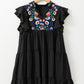 Black Floral Embroidered Frill Neck Ruffle Babydoll Tiered Dress