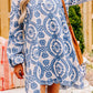 Blue Boho Floral Embroidered Notch V Neck Mini Dress