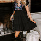 Black Floral Embroidered Frill Neck Ruffle Babydoll Tiered Dress