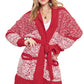 Red Contrast Trim Open Front Belted Long Cardigan