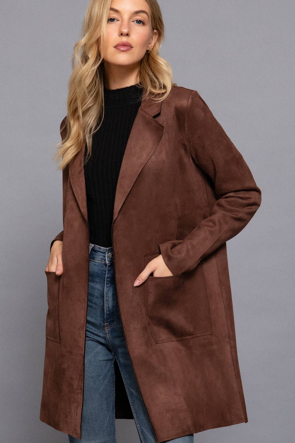 42POPS - ...SI-23491 Fitted Long Slv Faux Suede Open Jacket: KHA-cappuccino-172162 / L