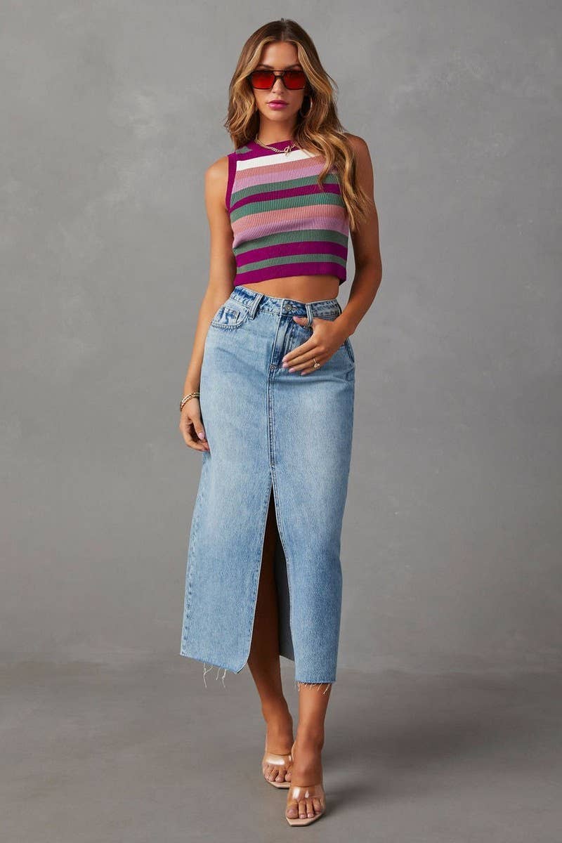 Lily Clothing - Washed denim solid color high slit long skirt: BLUE / (M) 1