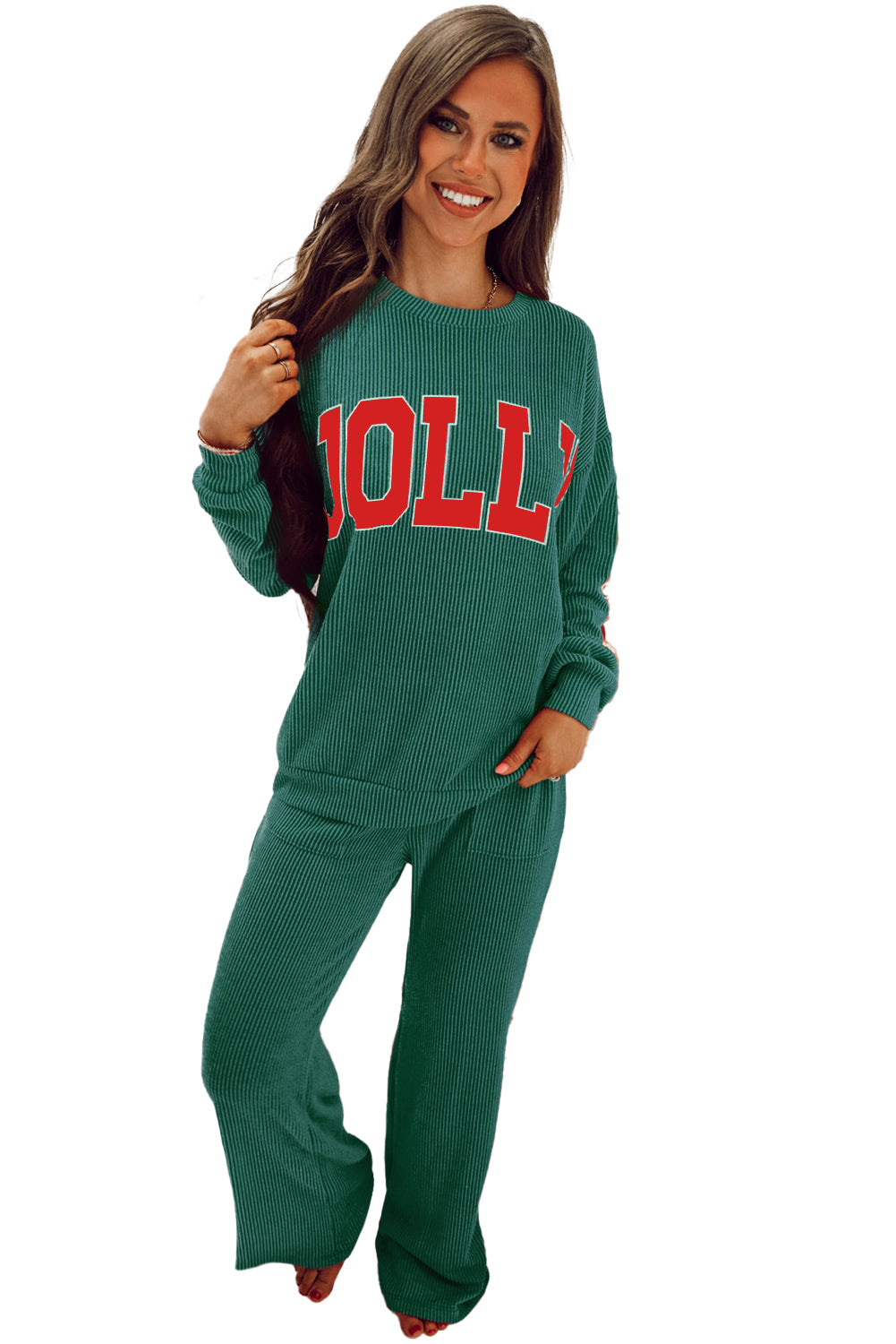 Evergreen Crinkle Rib JOLLY Pattern Long Sleeve Top and Pockets Pants Set