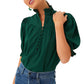 Green Checkered Puff Sleeve Frill Trim Blouse