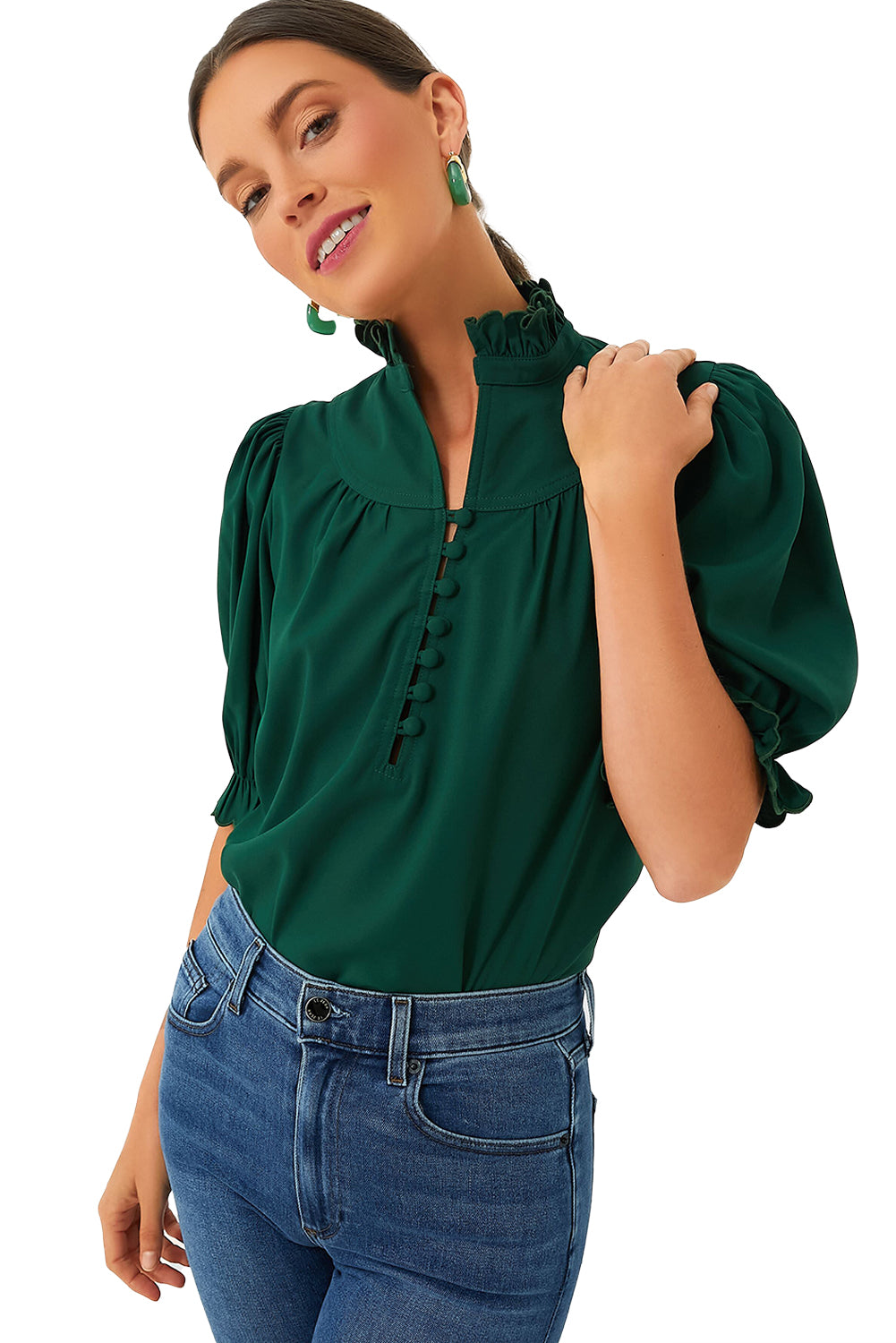 Green Checkered Puff Sleeve Frill Trim Blouse