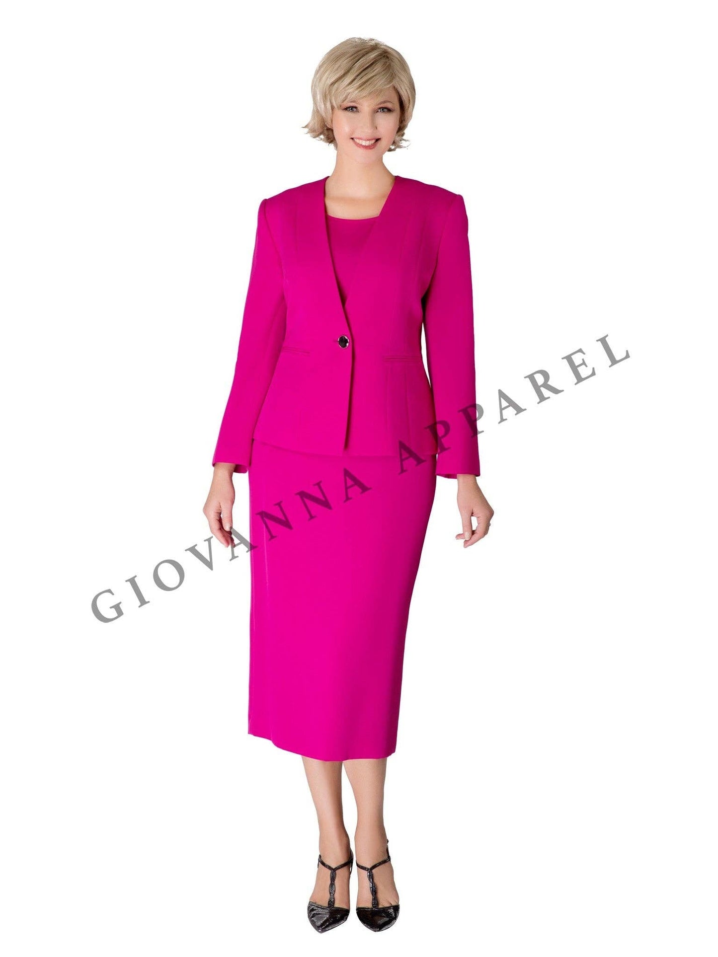 Giovanna - 3pc Collarless Clean Lines Detailed Skirt Suit: DARK NAVY / 16