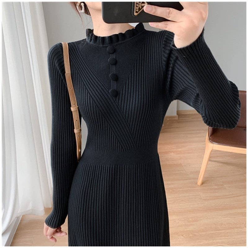 UZ Wholesale Store - Solid Color Slim Fit Half High Neck Knitted Long Dress: BLACK / One_size
