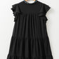 Black Floral Embroidered Frill Neck Ruffle Babydoll Tiered Dress