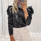 Black Sequin Mock Neck Ruched Puff Sleeve Top