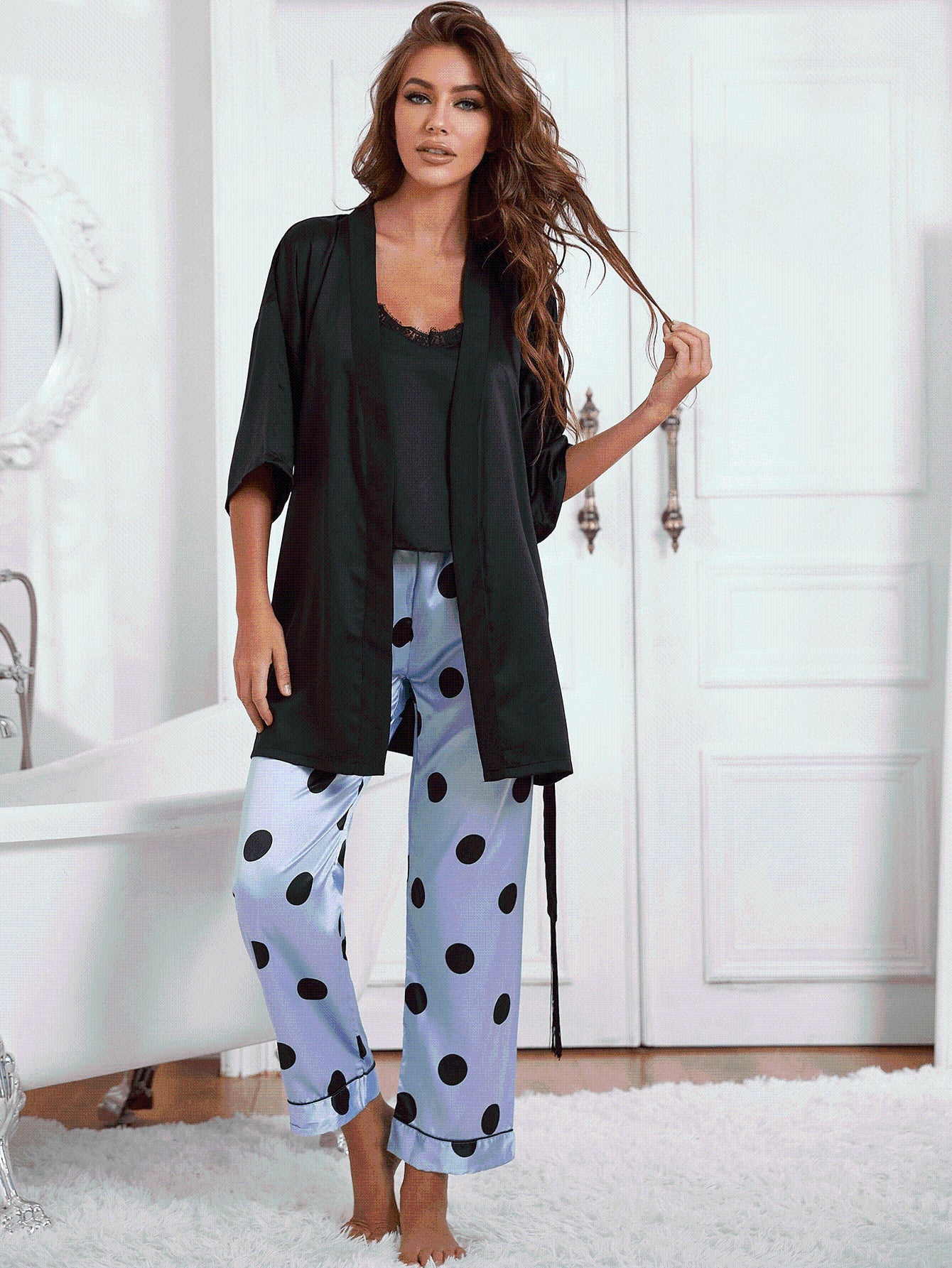 Cami, Robe, and Printed Pants Pajama Set