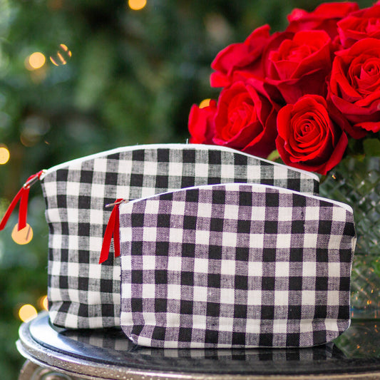 Crown Linen Designs - Checkered Linen Make Up Bag Set - Sale