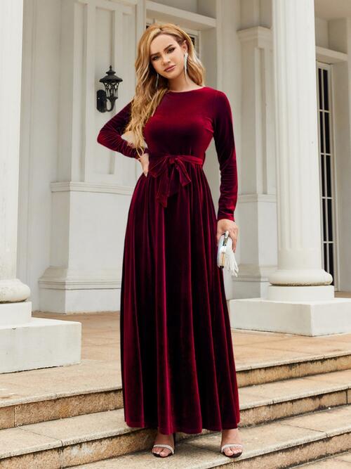 Trendsi Tie Front Round Neck Long Sleeve Maxi Dress