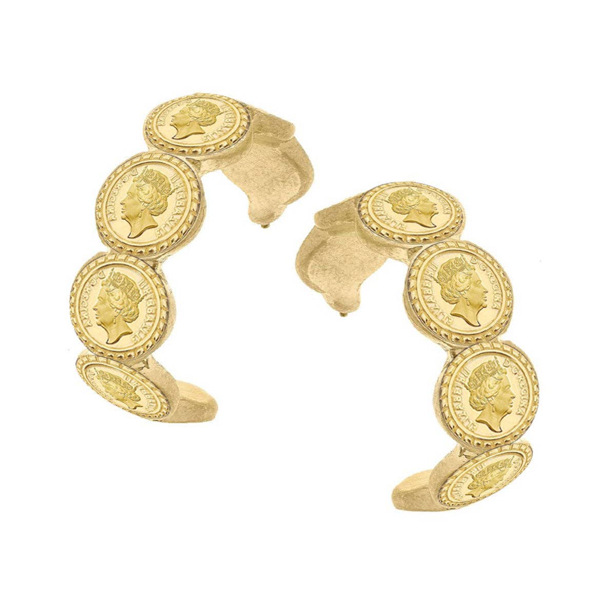 CANVAS Style - Queen Elizabeth Coin Hoop Earrings in Worn Gold