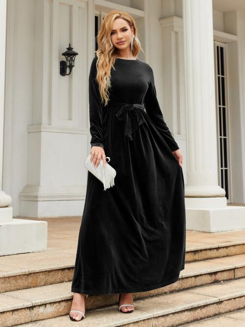 Trendsi Tie Front Round Neck Long Sleeve Maxi Dress