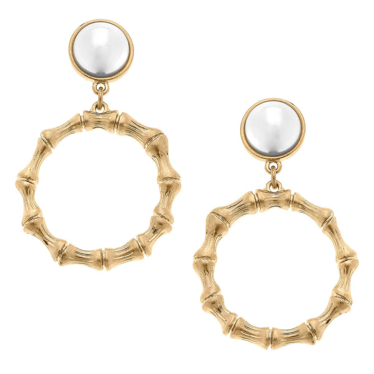 CANVAS Style - Kaia Pearl Stud Bamboo Drop Hoop Earrings in Worn Gold