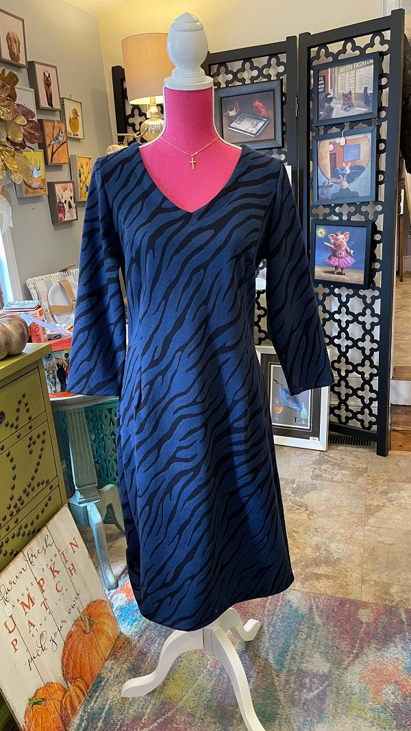 Long Sleeve Dress with Blue and Black Tiger Stripe-Rodan