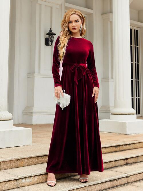 Trendsi Tie Front Round Neck Long Sleeve Maxi Dress