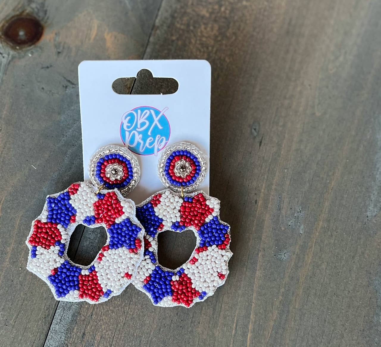 OBX Prep - Patriotic Red White Stars Blue Seed Bead Dangle Earring