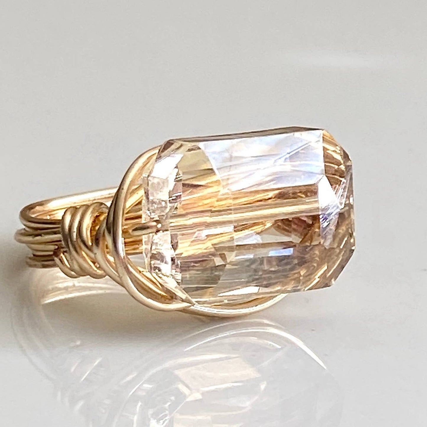 Marble Designs Jewelry - Crystal Gold Ring Champagne Rectangle Wire Wrapped: 8 / Champagne