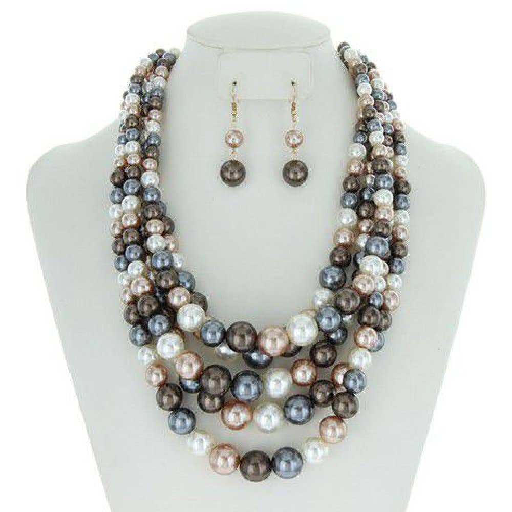 SP Sophia Collection - Chunky 5 Strand Pearl Necklace & Earring Set